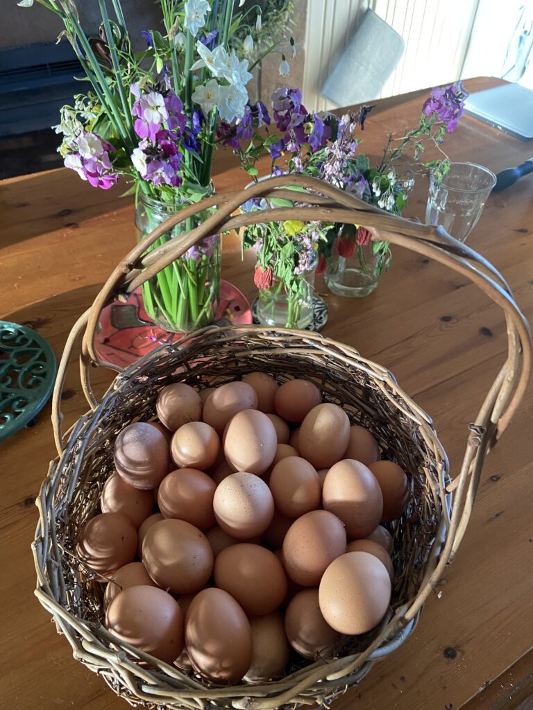 Eggs in a basket with flowers on a table
